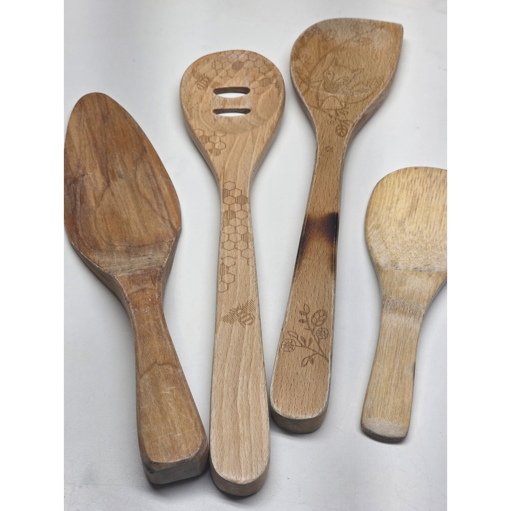 Talisman Designs Wooden Kitchen Utensil Set 4pc Bee Honeycomb Floral Etched Wood